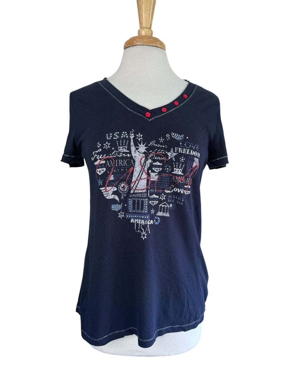 FRESH BLEU Patriotic Embellished Cotton Modal Tee Sz Large Womens Red White Blue